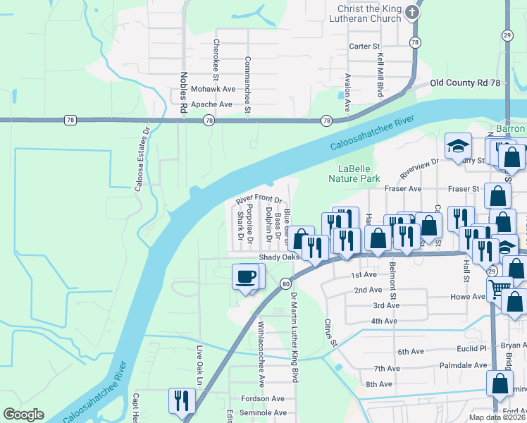 map of restaurants, bars, coffee shops, grocery stores, and more near Porpoise Drive in LaBelle