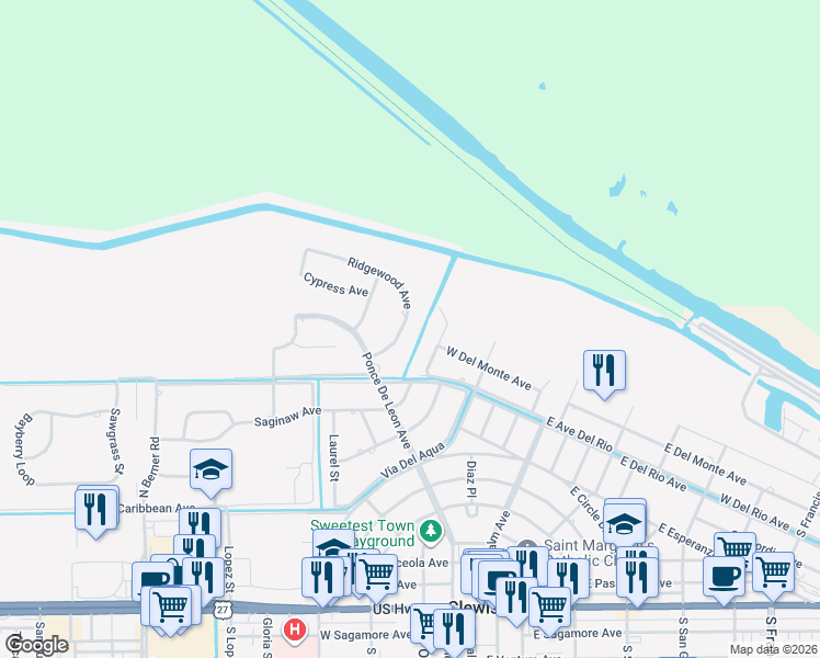 map of restaurants, bars, coffee shops, grocery stores, and more near 109 Ridgewood Avenue in Clewiston