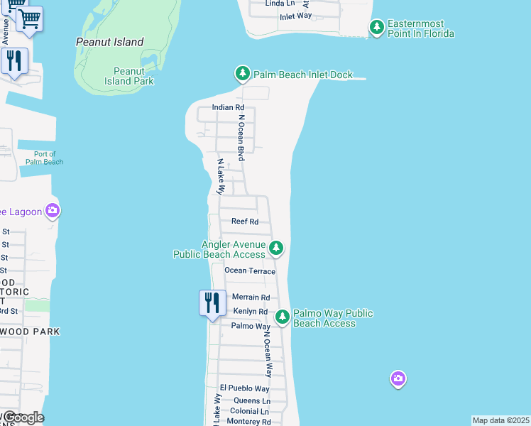 map of restaurants, bars, coffee shops, grocery stores, and more near 1436 North Ocean Way in Palm Beach
