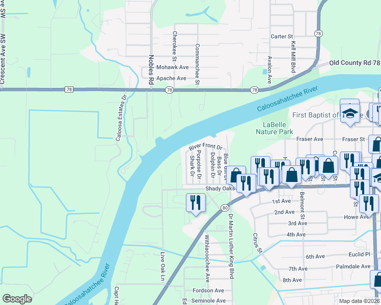 map of restaurants, bars, coffee shops, grocery stores, and more near River Front Dr in LaBelle