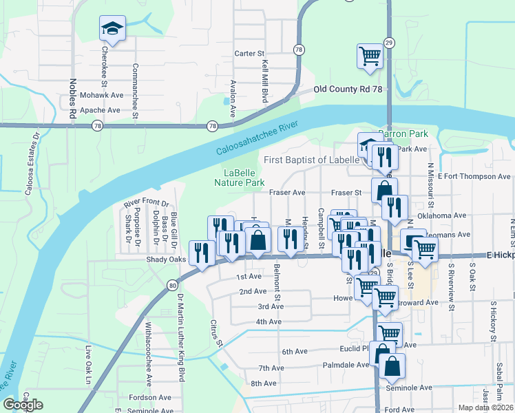 map of restaurants, bars, coffee shops, grocery stores, and more near 211 Hardee Street in LaBelle