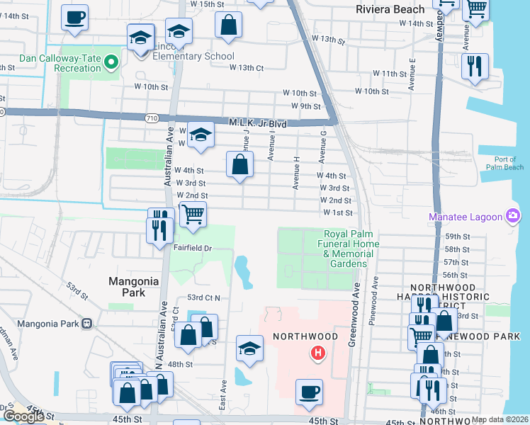 map of restaurants, bars, coffee shops, grocery stores, and more near 801 West 1st Street in Riviera Beach