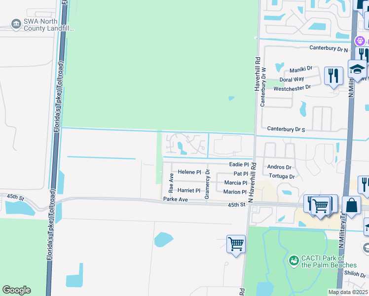 map of restaurants, bars, coffee shops, grocery stores, and more near 19 Caribbean Boulevard in West Palm Beach