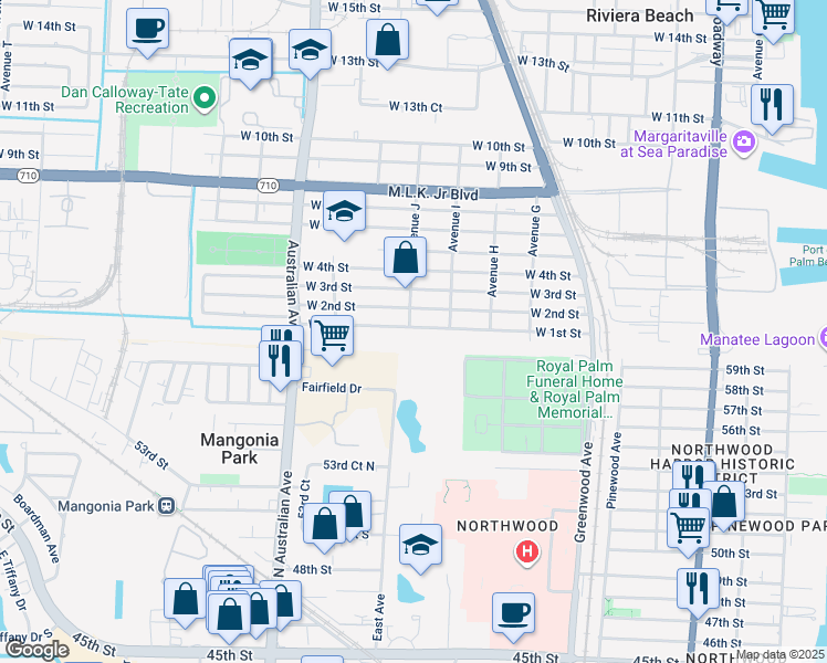map of restaurants, bars, coffee shops, grocery stores, and more near 865 West 1st Street in Riviera Beach