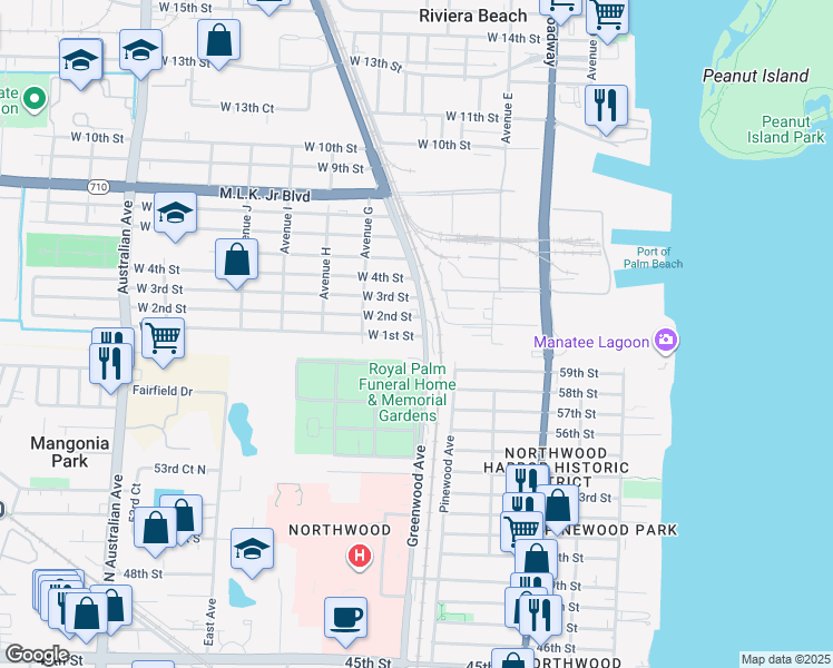 map of restaurants, bars, coffee shops, grocery stores, and more near 530 West 1st Street in Riviera Beach