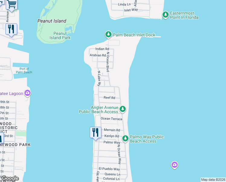 map of restaurants, bars, coffee shops, grocery stores, and more near 1436 North Ocean Way in Palm Beach