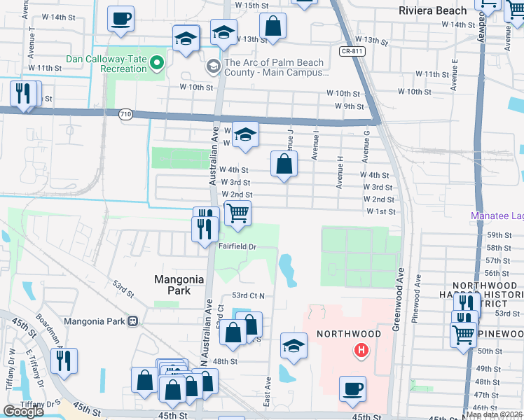 map of restaurants, bars, coffee shops, grocery stores, and more near 1001 West 1st Street in West Palm Beach