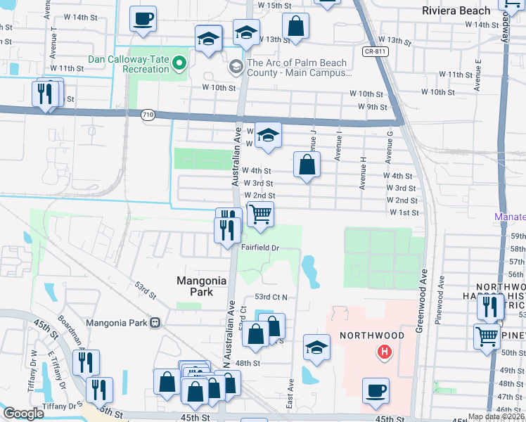 map of restaurants, bars, coffee shops, grocery stores, and more near 1081 West 1st Street in West Palm Beach