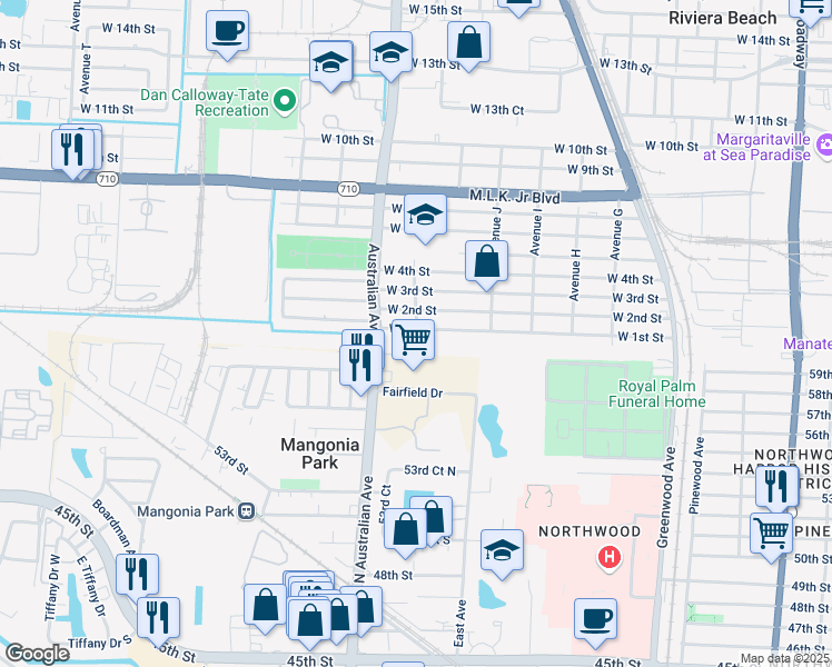 map of restaurants, bars, coffee shops, grocery stores, and more near 1081 West 1st Street in West Palm Beach