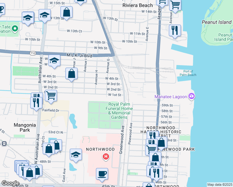 map of restaurants, bars, coffee shops, grocery stores, and more near 530 West 1st Street in Riviera Beach