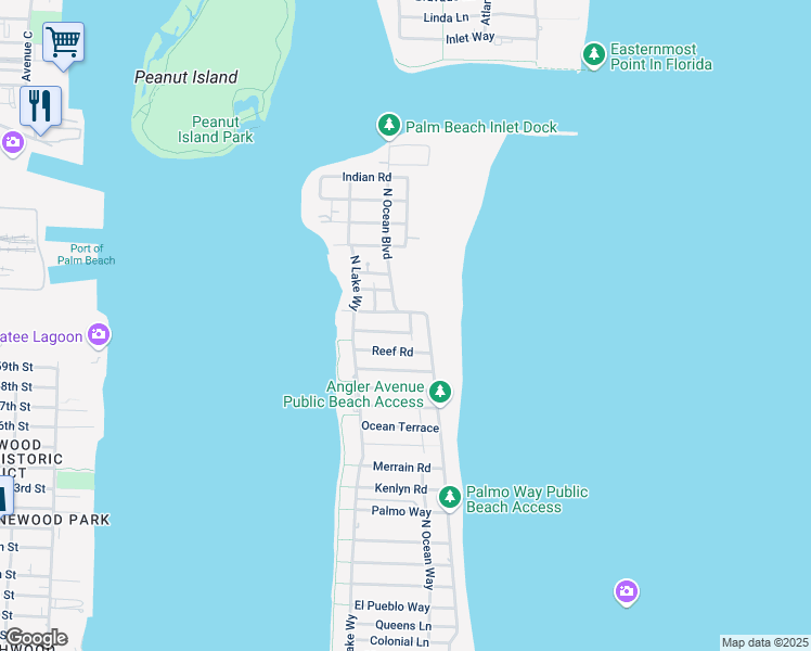 map of restaurants, bars, coffee shops, grocery stores, and more near 1436 North Ocean Way in Palm Beach