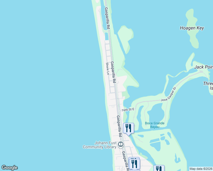 map of restaurants, bars, coffee shops, grocery stores, and more near 2041 Shore Lane in Boca Grande