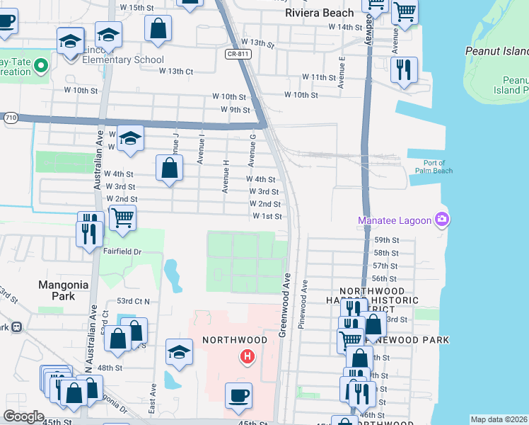 map of restaurants, bars, coffee shops, grocery stores, and more near 530 West 1st Street in Riviera Beach