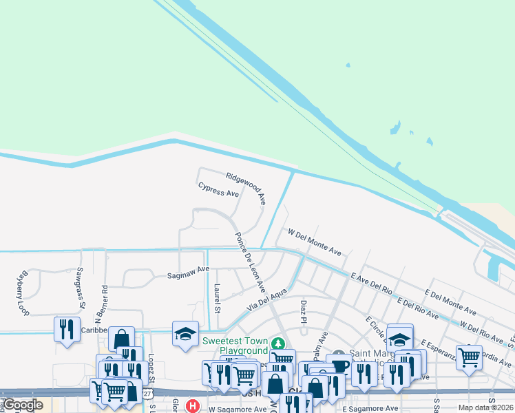 map of restaurants, bars, coffee shops, grocery stores, and more near 109 Ridgewood Avenue in Clewiston