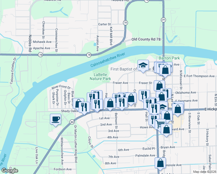 map of restaurants, bars, coffee shops, grocery stores, and more near 211 Hardee Street in LaBelle