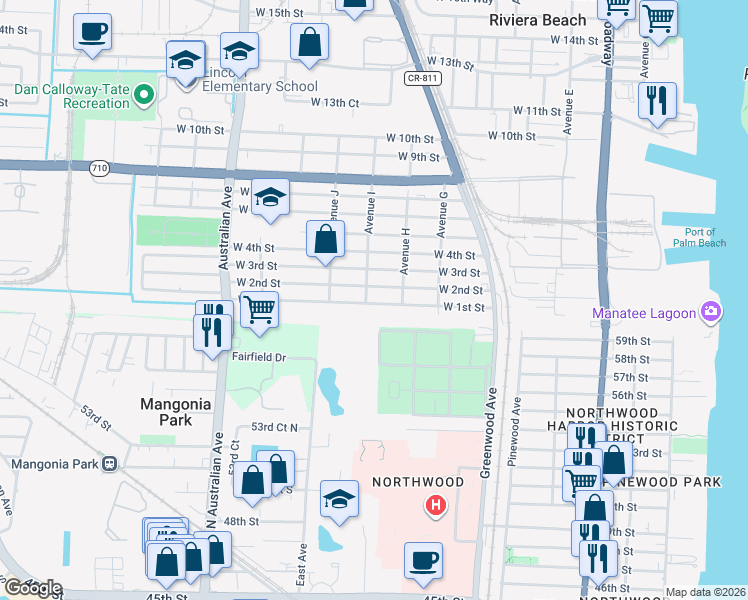 map of restaurants, bars, coffee shops, grocery stores, and more near 801 West 1st Street in Riviera Beach