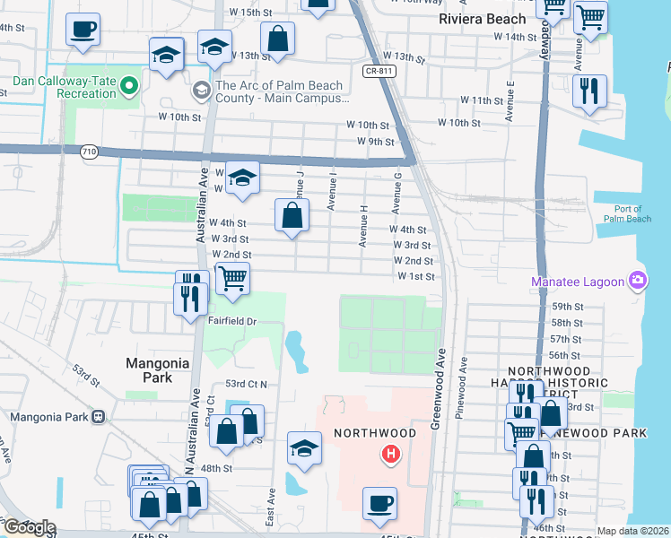 map of restaurants, bars, coffee shops, grocery stores, and more near 801 West 1st Street in Riviera Beach