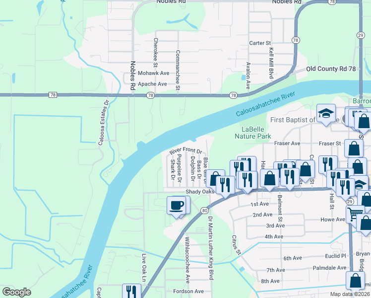 map of restaurants, bars, coffee shops, grocery stores, and more near River Front Drive in LaBelle