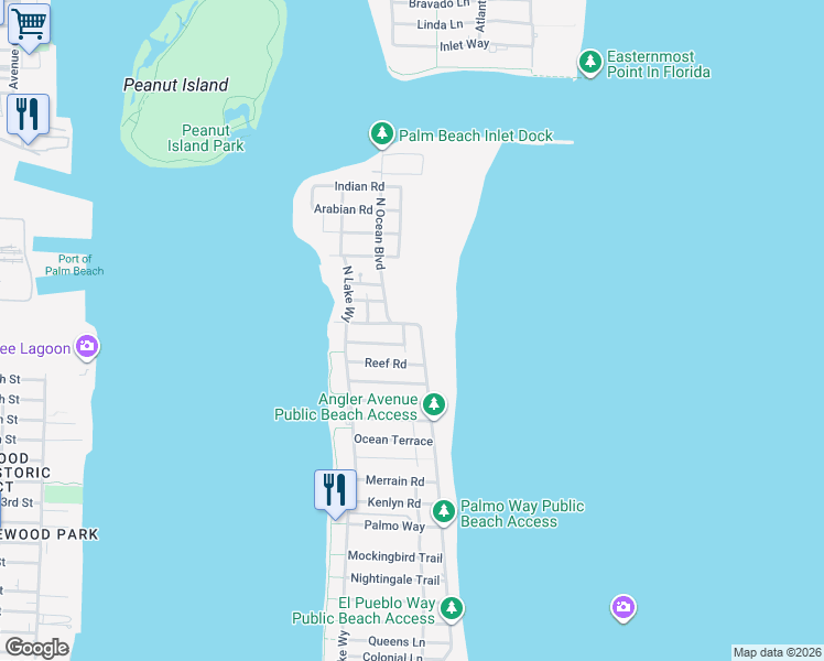 map of restaurants, bars, coffee shops, grocery stores, and more near 1435 North Ocean Way in Palm Beach