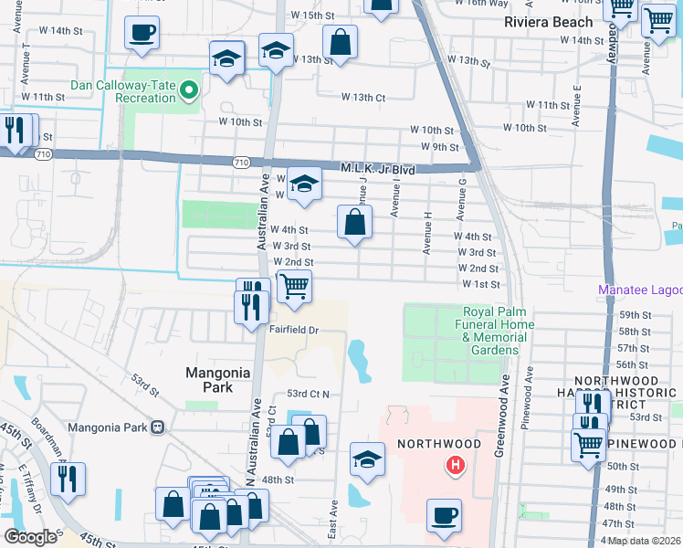 map of restaurants, bars, coffee shops, grocery stores, and more near 908 West 1st Street in West Palm Beach