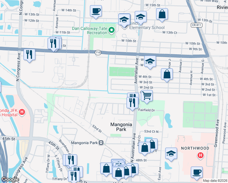 map of restaurants, bars, coffee shops, grocery stores, and more near 1361 West 1st Street in West Palm Beach