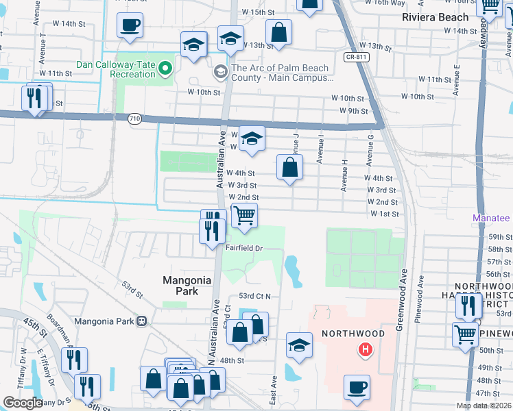 map of restaurants, bars, coffee shops, grocery stores, and more near 1081 West 1st Street in West Palm Beach