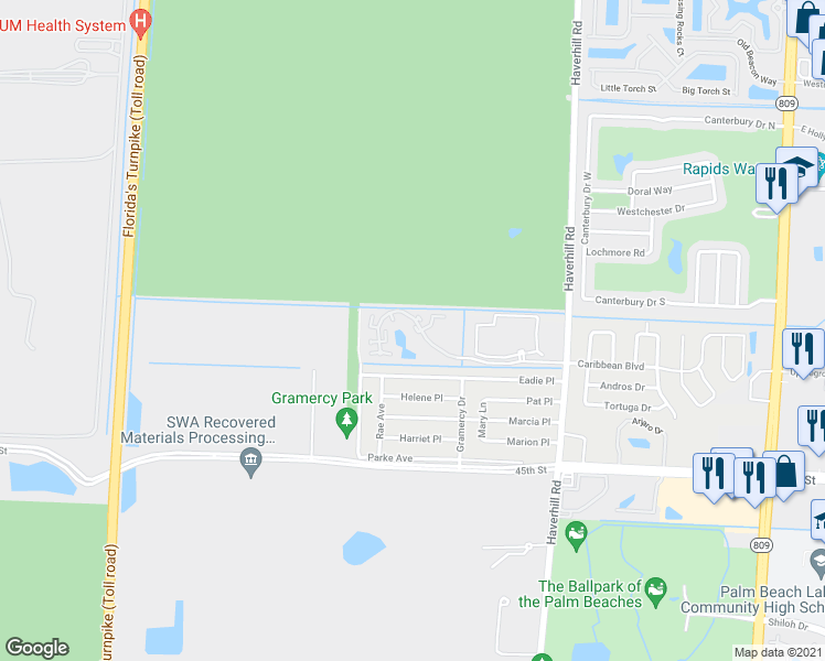 map of restaurants, bars, coffee shops, grocery stores, and more near 19 Caribbean Boulevard in West Palm Beach