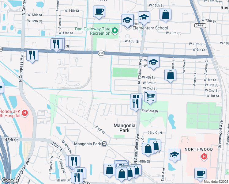 map of restaurants, bars, coffee shops, grocery stores, and more near 1361 West 1st Street in West Palm Beach