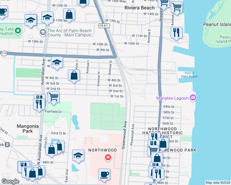 map of restaurants, bars, coffee shops, grocery stores, and more near 530 West 1st Street in Riviera Beach