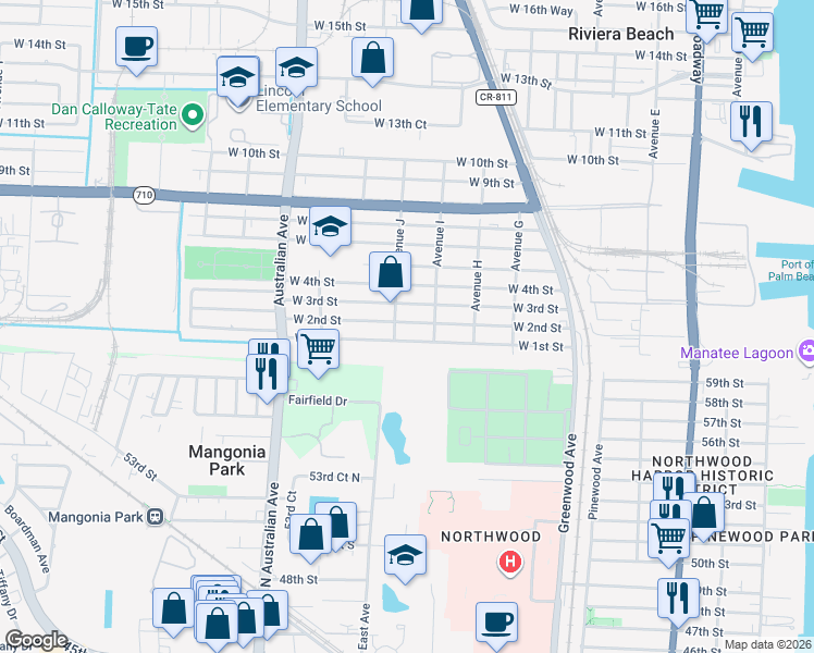 map of restaurants, bars, coffee shops, grocery stores, and more near 865 West 1st Street in Riviera Beach