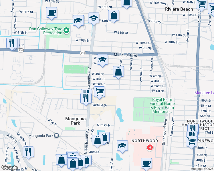 map of restaurants, bars, coffee shops, grocery stores, and more near 1021 West 2nd Street in West Palm Beach