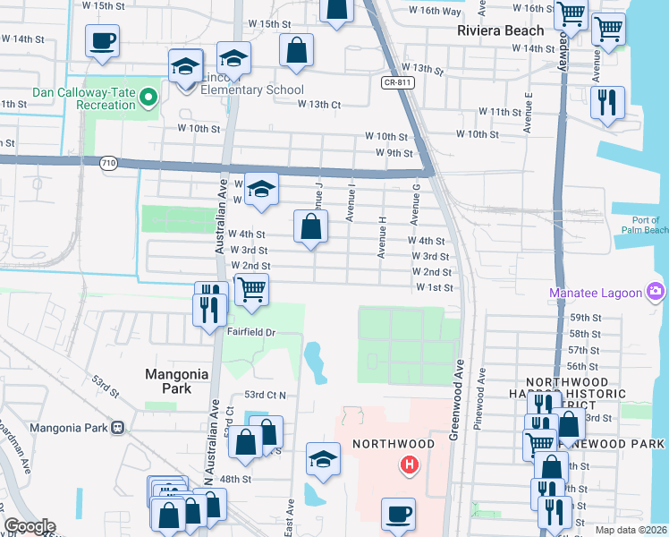 map of restaurants, bars, coffee shops, grocery stores, and more near 801 West 1st Street in Riviera Beach