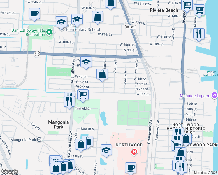 map of restaurants, bars, coffee shops, grocery stores, and more near 801 West 1st Street in Riviera Beach