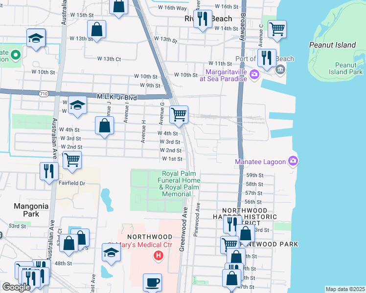 map of restaurants, bars, coffee shops, grocery stores, and more near 223 Old Dixie Highway in Riviera Beach