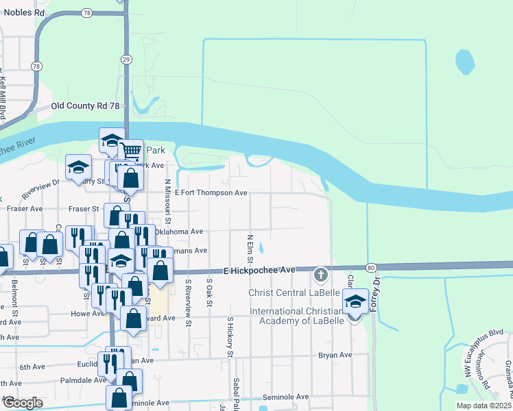 map of restaurants, bars, coffee shops, grocery stores, and more near 221 North Elm Street in LaBelle