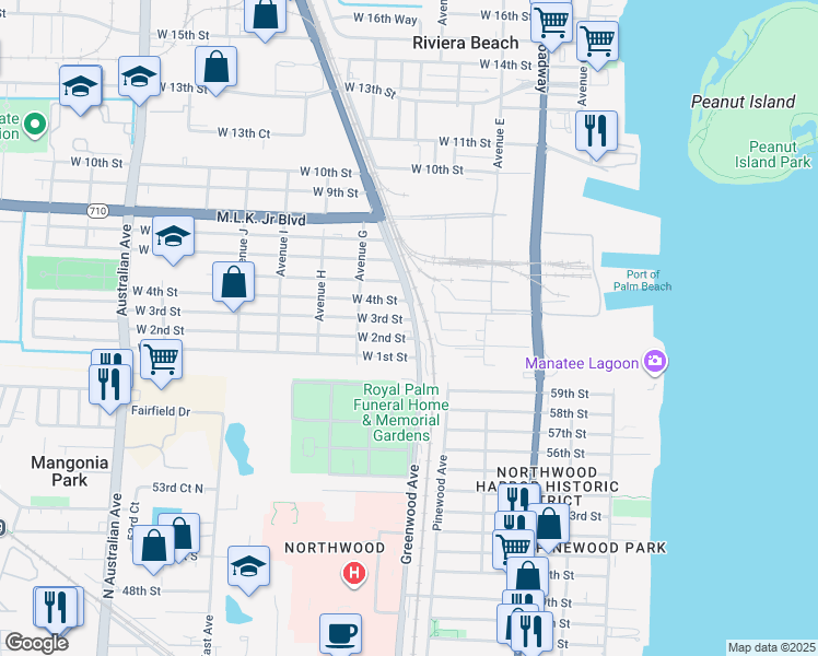 map of restaurants, bars, coffee shops, grocery stores, and more near 531 West 4th Street in West Palm Beach
