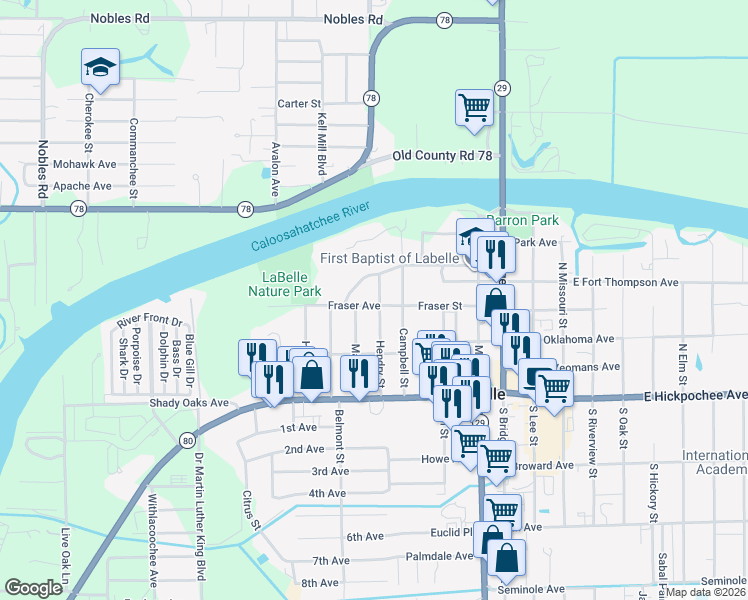 map of restaurants, bars, coffee shops, grocery stores, and more near 308 Campbell Street in LaBelle