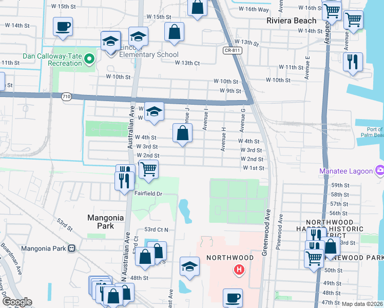 map of restaurants, bars, coffee shops, grocery stores, and more near 864 West 3rd Street in West Palm Beach