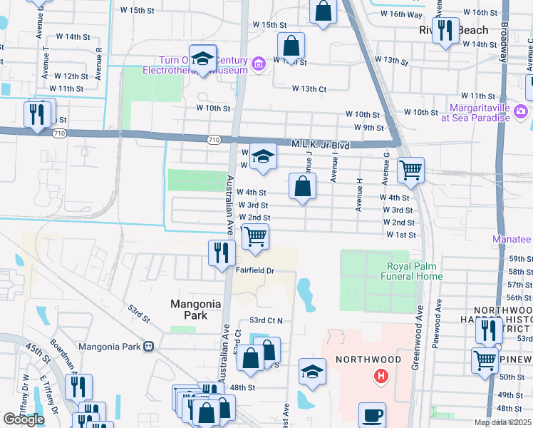 map of restaurants, bars, coffee shops, grocery stores, and more near 1070 West 3rd Street in West Palm Beach