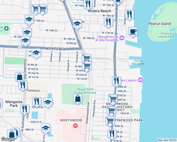 map of restaurants, bars, coffee shops, grocery stores, and more near 333 Broadway in West Palm Beach