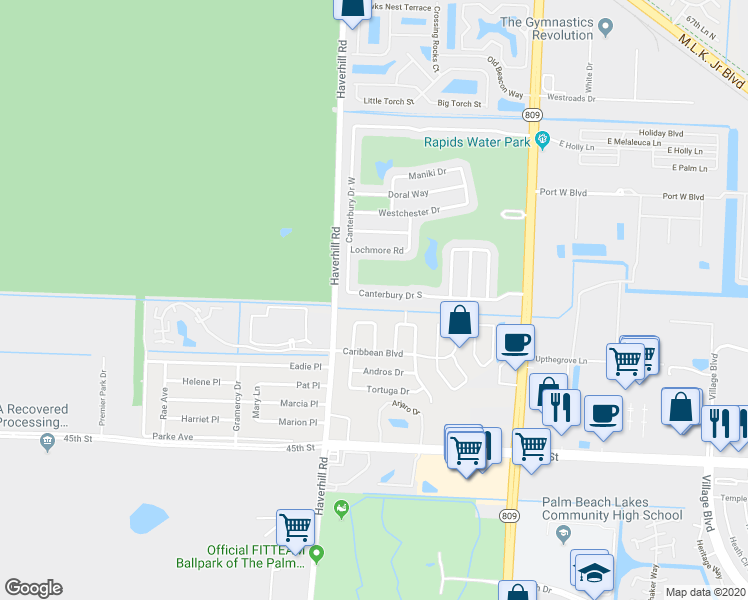 map of restaurants, bars, coffee shops, grocery stores, and more near 2555 Canterbury Drive South in West Palm Beach