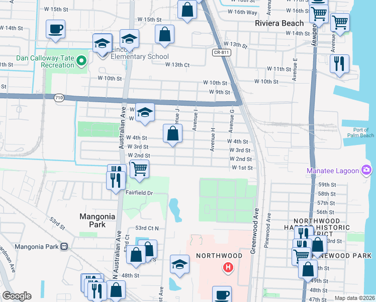 map of restaurants, bars, coffee shops, grocery stores, and more near 800 West 3rd Street in Riviera Beach