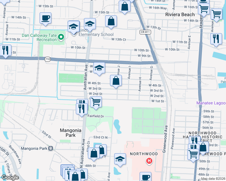 map of restaurants, bars, coffee shops, grocery stores, and more near 864 West 3rd Street in West Palm Beach