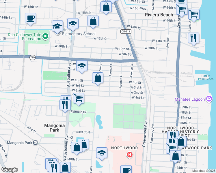 map of restaurants, bars, coffee shops, grocery stores, and more near 800 West 3rd Street in Riviera Beach