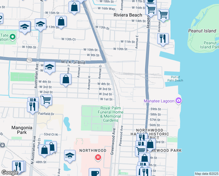 map of restaurants, bars, coffee shops, grocery stores, and more near 522 West 3rd Street in Riviera Beach