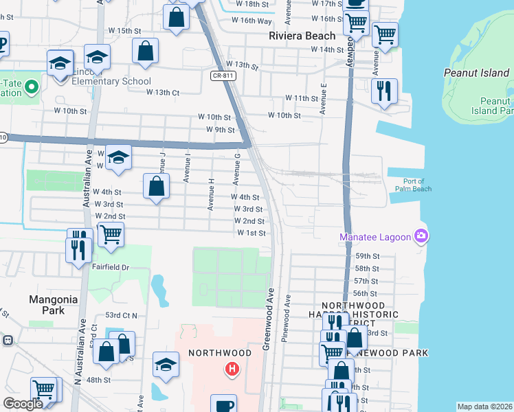 map of restaurants, bars, coffee shops, grocery stores, and more near 530 West 3rd Street in West Palm Beach