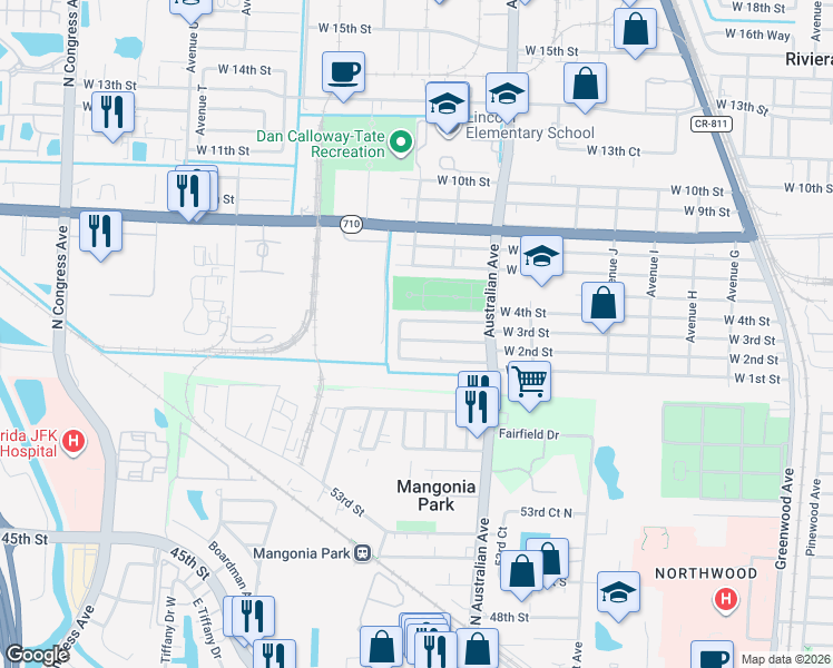 map of restaurants, bars, coffee shops, grocery stores, and more near 1340 West 2nd Street in Riviera Beach