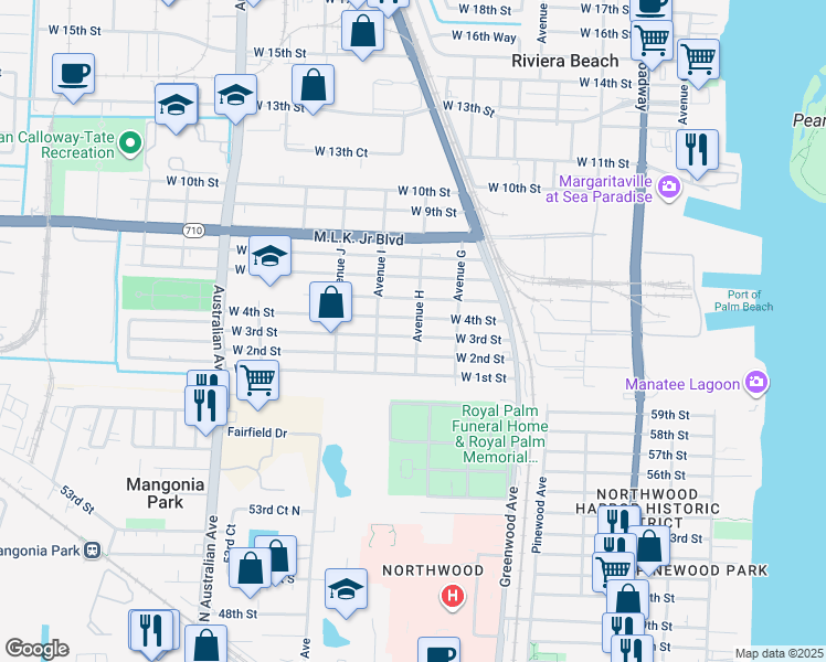 map of restaurants, bars, coffee shops, grocery stores, and more near 301 Avenue H in West Palm Beach