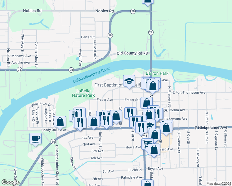map of restaurants, bars, coffee shops, grocery stores, and more near 308 Campbell Street in LaBelle