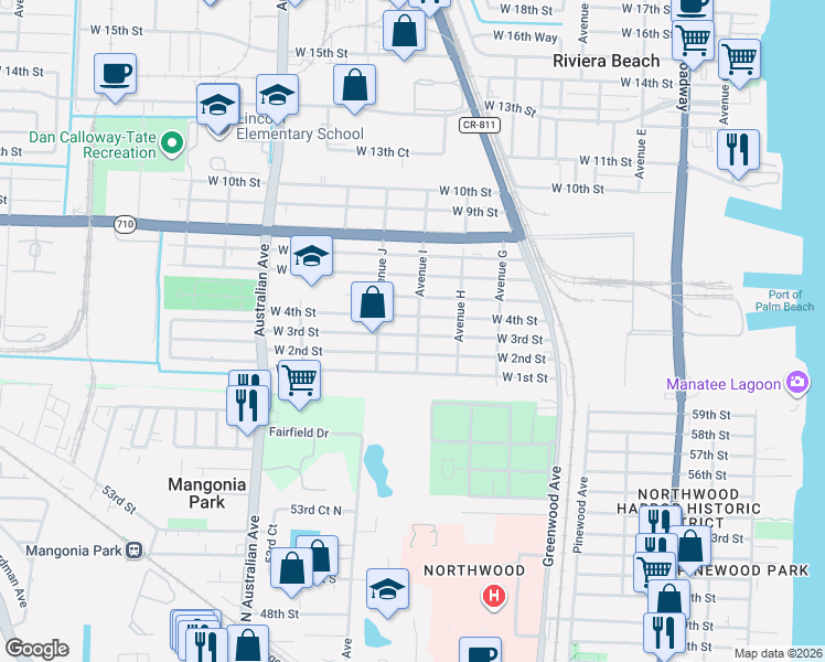 map of restaurants, bars, coffee shops, grocery stores, and more near 800 West 3rd Street in Riviera Beach